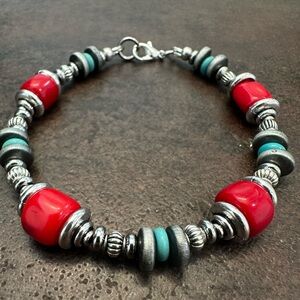 Red Coral and Silver Acrylic Beaded Bracelet